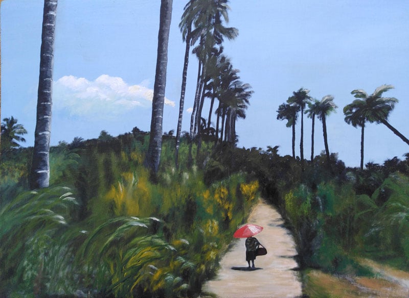 Figure with a red umbrella on a palm tree lined path