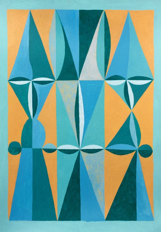 Blue geometric shapes with a ochre background