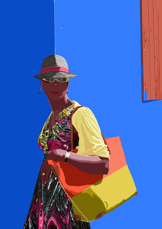 Woman with bag in front of blue wall