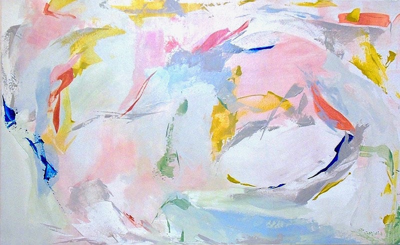 Abstract painterly marks in pinks on pale blue